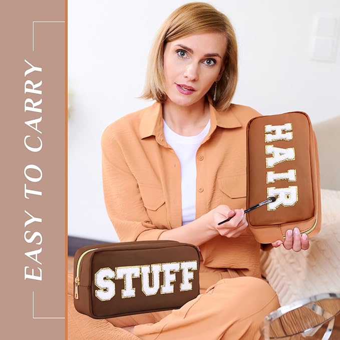 Remerry 4 Pcs Nylon Makeup Bags Waterproof Spacious Travel Cosmetic Bag for Women Chenille Letter Preppy Zipper Pouch Face Stuff Skin Hair Organizer Gift(Brown Series)