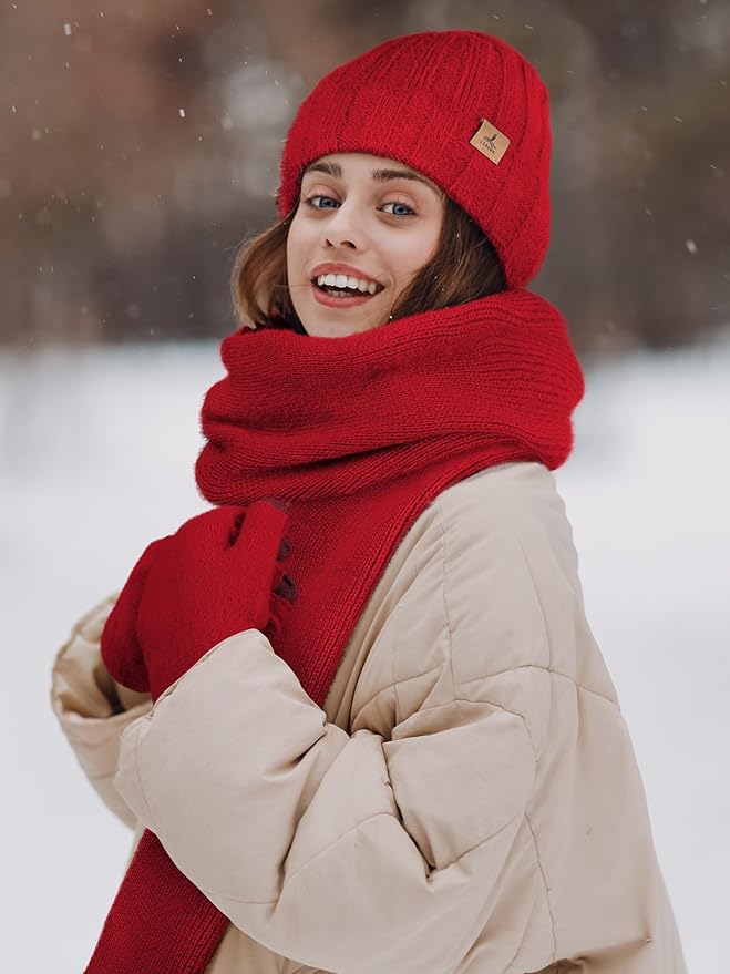 LOROME Winter Beanie Hat Gloves Scarf, Cashmere Hat Gloves Scarf Set Women