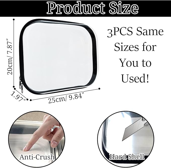 YOQIVEXU 3 Piece Clear Hard Shell Zipper Case, Hard Plastic Clear Makeup Bag, TSA Approved Anti-Crush Toiletry Cosmetic Organizer Pouches for Travel & Daily