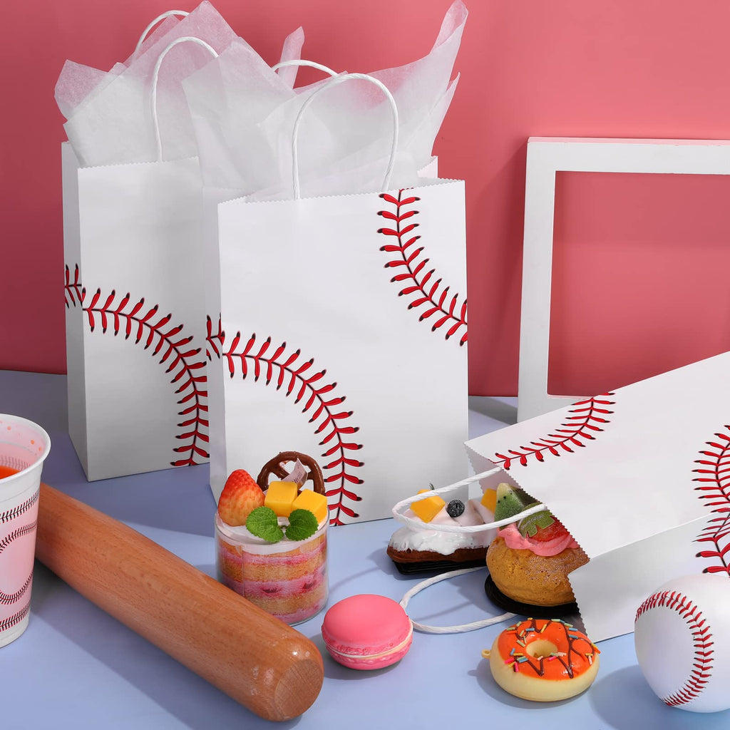 durony 16 Pieces Baseball Party Favor Bags with Handles Tissue Paper Gift Bags Goodie Candy Treat Bag for Birthday, Baseball Themed Party Supplies (8.6 x 6.2 x 3.1 Inches)
