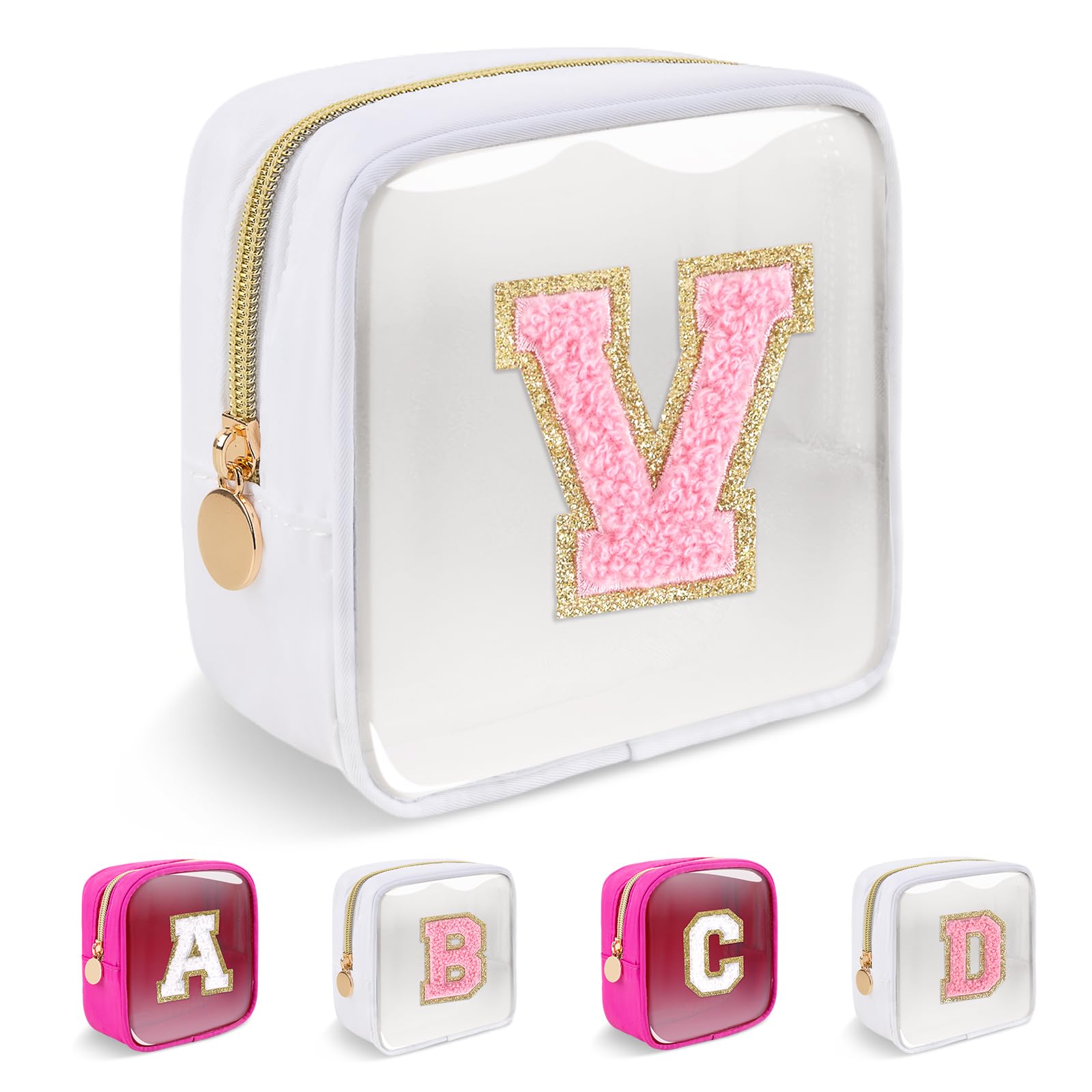 Personalized Initial Letter Clear Preppy Makeup Bag,Mini Nylon Chenille Letter Cosmetic Bag Cute Zipper Pouch Purse for Teen Girls,Portable TSA Approved Beach Travel Essentials Bag Gift for Women,V