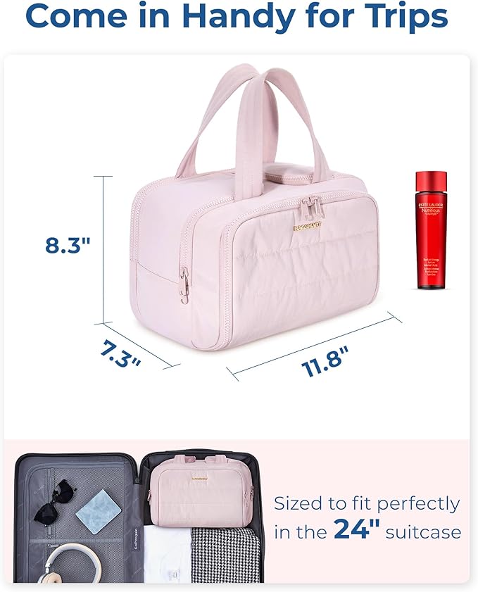 BAGSMART Travel Toiletry Bag, Crush Toiletry Bag for Women, Wide-open Puffy Toiletry Bags for Traveling, Large Travel Cosmetic Makeup Bag Organizer for Accessories,Toiletrie, Pink
