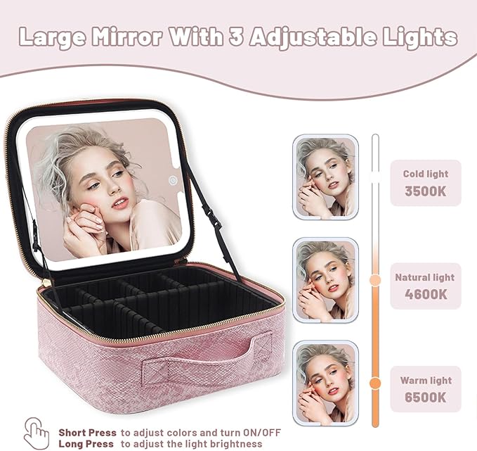 PRALENA Travel Makeup Bag with LED Mirror – 3 Brightness Modes, Portable Lighted Makeup Case with Adjustable Dividers, Cosmetic Organizer Gift for Women (Pink)