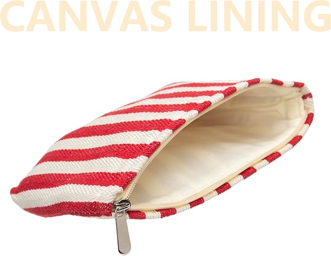 Flat Makeup Bag for Women,Zipper Cosmetic Pouch for Purse,Stripe Red