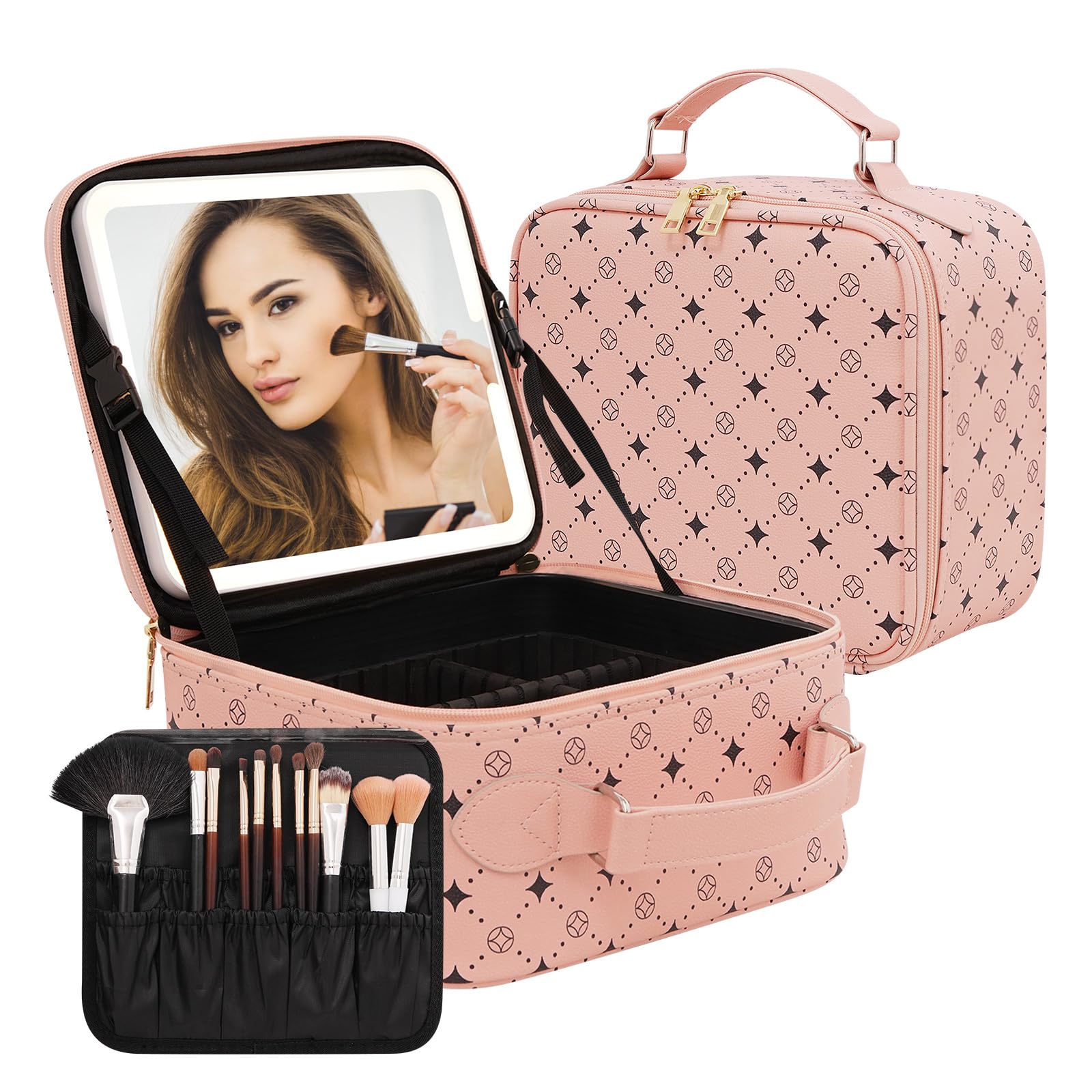 M Y U R E N Travel Makeup Bag With 360° rotating LED Mirror,Waterproof cosmetic organizer,Portability Cosmetic case,Makeup organizer,Gift for Women,Girls Gift (Pink)