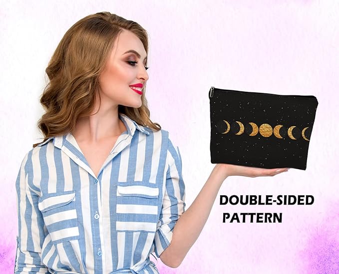 Dwept Abstract Boho Minimalist Moon Phases Cosmetic Bag, Mid Century Bohemian Modern Art Makeup Bag Zipper Cosmetic Pouch Bag Travel Linen Makeup Organizer, Boho Gifts for Women Teen Girls Her Teens