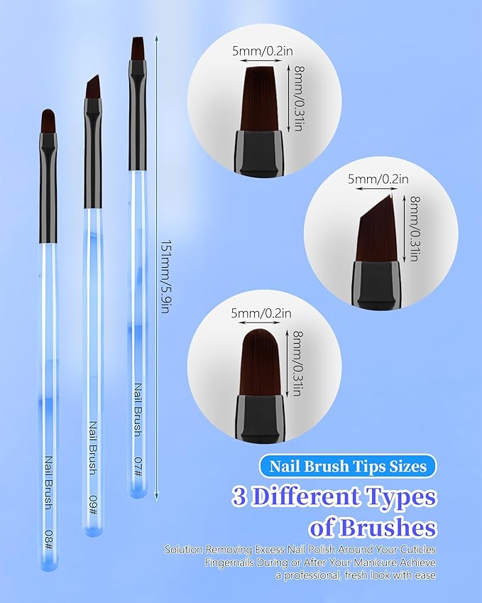 AMilHiTon 3PCS Nail Polish Clean Up Brush, Round/Flat/Angled, Marble Blue