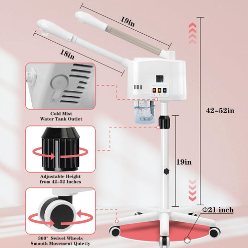 2 in 1 Hot & Cold Mist Facial Steamer, Professional Face Steamer on Wheels for Beauty Salon, Spa and Home Use