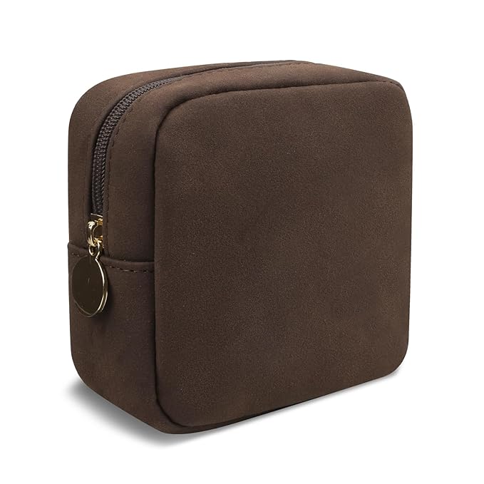 UIXIZQ Waterproof Mini Makeup Bag for Purse,Small Cosmetic Pouch Suede Travel Toiletry Organizers Bag for Women Girls,Cute Zipper Preppy Coin Purse Sanitary Napkin Storage Bag for Work(Mini-Coffee)