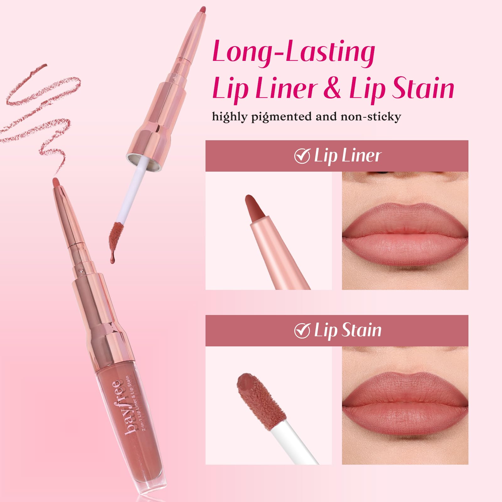 bayfree 2-IN-1 Lip Liner and Lip Stain, High Pigmented Long Lasting Velvet
