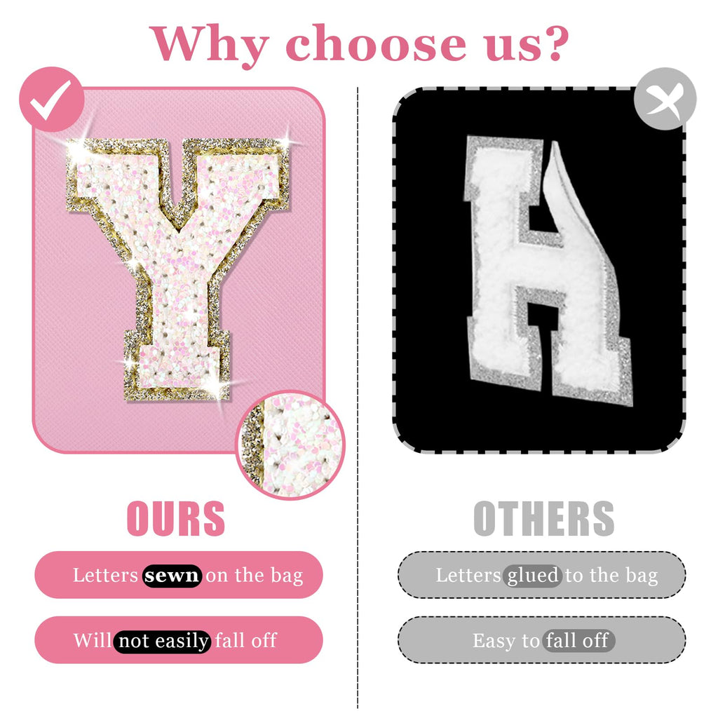 Initial Letter Patch Makeup Bag, Preppy Glitter Letter Pouch Cosmetic Bag,Small PU Travel Toiletry Bag Zipper,Personalized Monogrammed Gift for Friends Sister,Cute Stuff for Women Teen Girls(Letter Y)