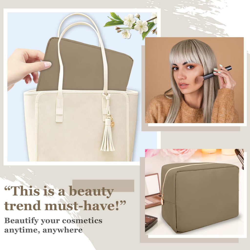 Nylon Large Makeup Bag Travel Pouch for Women, Preppy Big Makeup Bag Cute Cosmetic Zipper Pouch Purse, DIY Chenille Letter Bag Waterproof Toiletry Bag Clutch Make Up Organizer for Women Girls(Khaki)