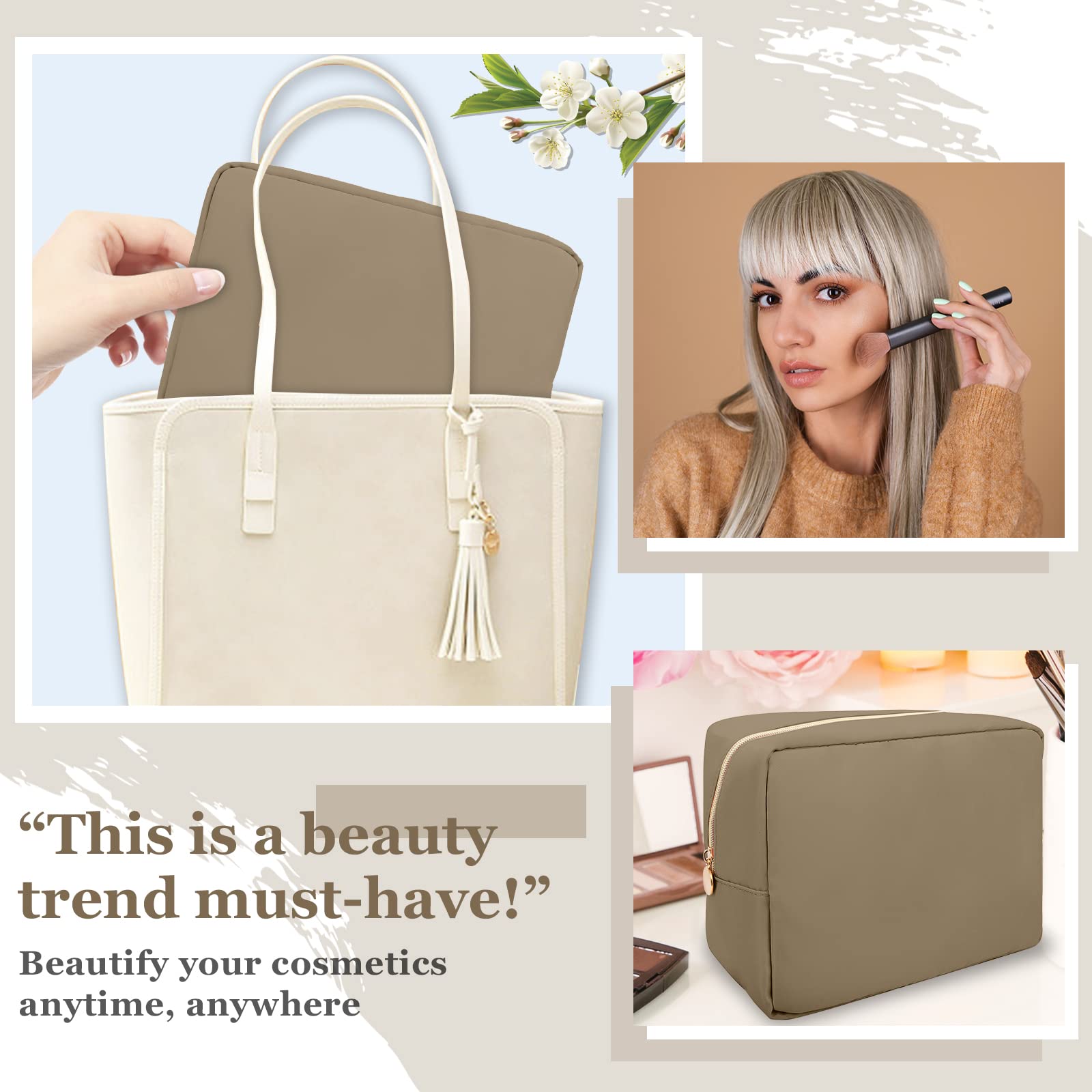 Nylon Large Makeup Bag Travel Pouch for Women, Preppy Big Makeup Bag Cute Cosmetic Zipper Pouch Purse, DIY Chenille Letter Bag Waterproof Toiletry Bag Clutch Make Up Organizer for Women Girls(Khaki)