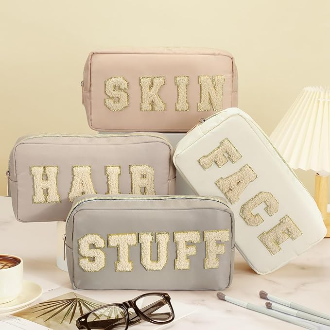 Cunno Preppy Makeup Bags Chenille Letter Stuff Bag Nylon Cosmetic Pouch Cases with Zipper for Women Travel Toiletry(Apricot Color,Classic,4 Pcs)