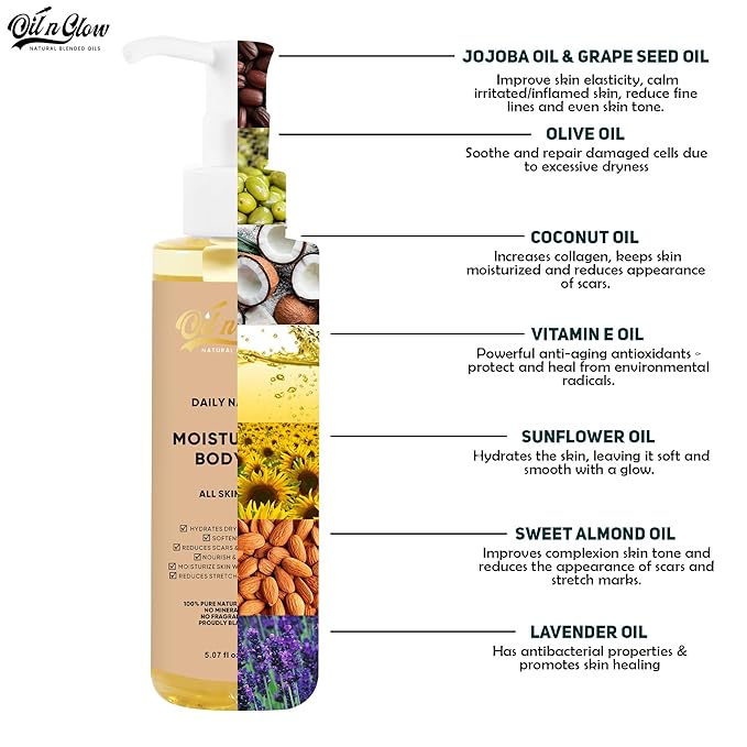 USDA Certified 100% Organic Pure Natural Hydrating Body Oil After Shower With Coconut, Jojoba, Olive & Almond Non-Greasy Moisturizing Body Oils For Women & Men Dry Skin 5.07 fl oz/150ml - Unscented