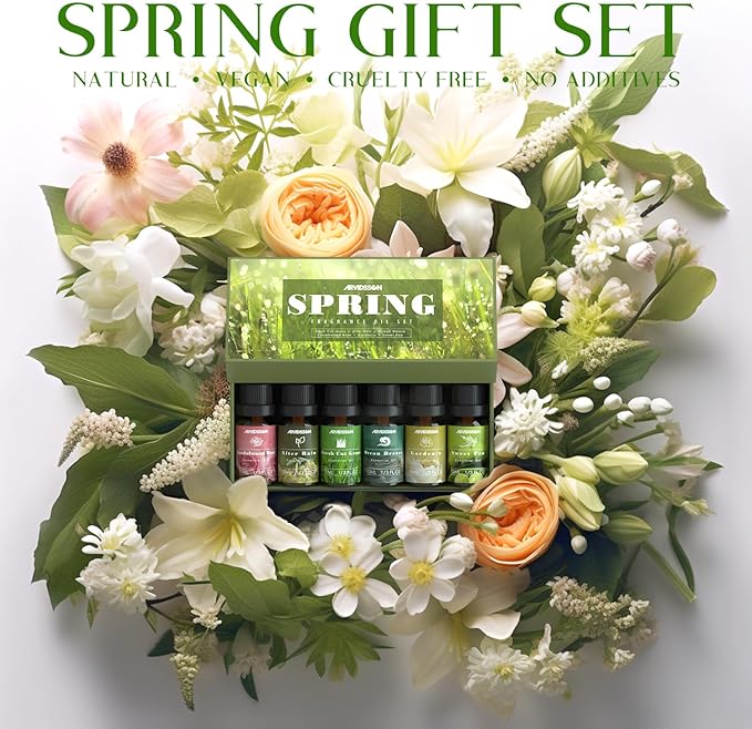 ARVIDSSON Spring Essential Oils Set, Natural Fragrance Oil for Diffuser - After Rain, Ocean Breeze, Fresh Cut Grass, Gardenia, Sweet Pea, Rose Sandalwood, Spring Scented Oil Gift Set