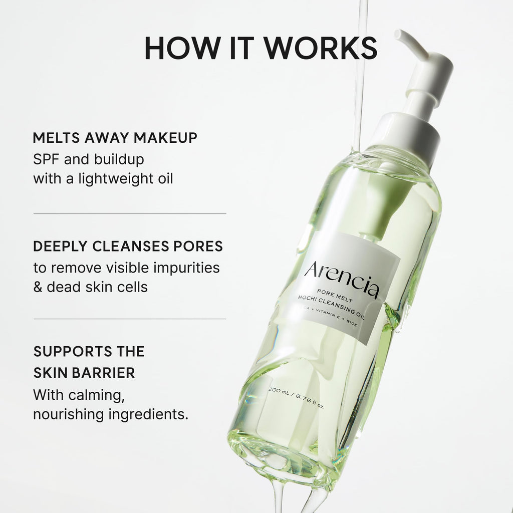 ARENCIA Pore Melt Mochi Makeup-Removing Cleansing Oil, Non-Comedogenic, Rice Amino Acids HD, Vitamin E, Cica, & Ceramide, 6.76 fl oz