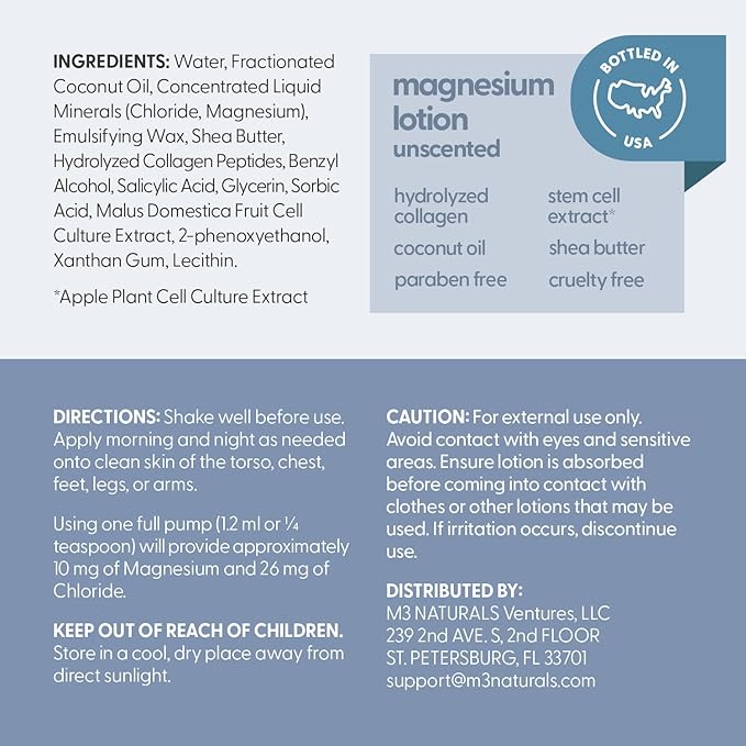Unscented Magnesium Lotion for Sleep & Leg Cramps 8 fl oz by M3