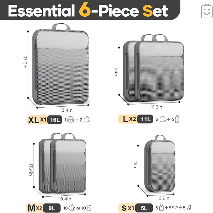 Veken 6/9/11 Set Compression Packing Cubes Garment Bags for Travel Essentials,Compressible Expandable Luggage Organizer Bags for Clothing,Space Saver Bags with Over 1000 pcs of Mesh Holes(Gray)