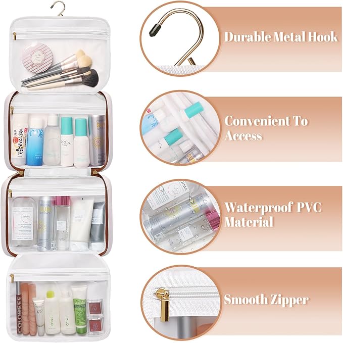 Bosidu Toiletry Bag for Women Hanging Travel Toiletry Bag with Hook,Water-resistant Makeup Cosmetic Bag Travel Organizer for Toiletries, Accessories P-Beige