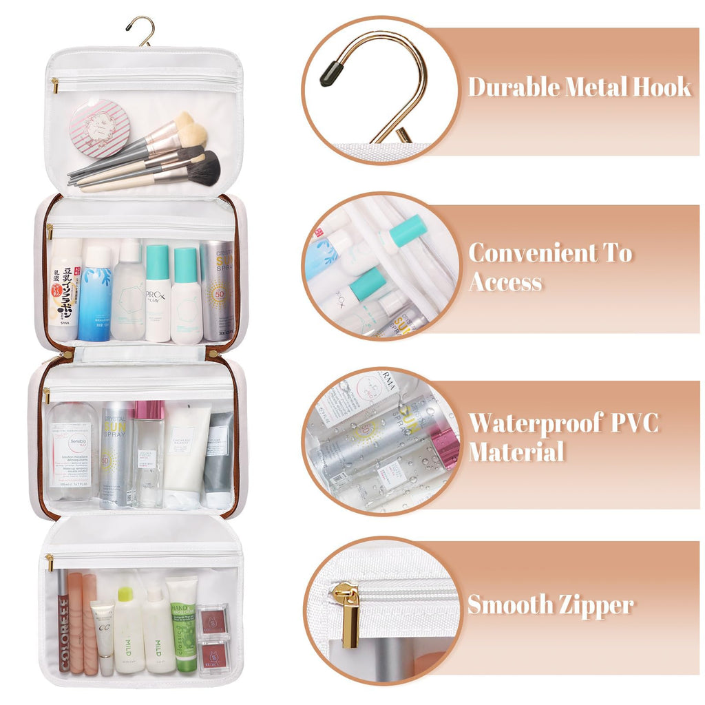 Bosidu Toiletry Bag for Women Hanging Travel Toiletry Bag with Hook,Water-resistant Makeup Cosmetic Bag Travel Organizer for Toiletries, Accessories P-Beige