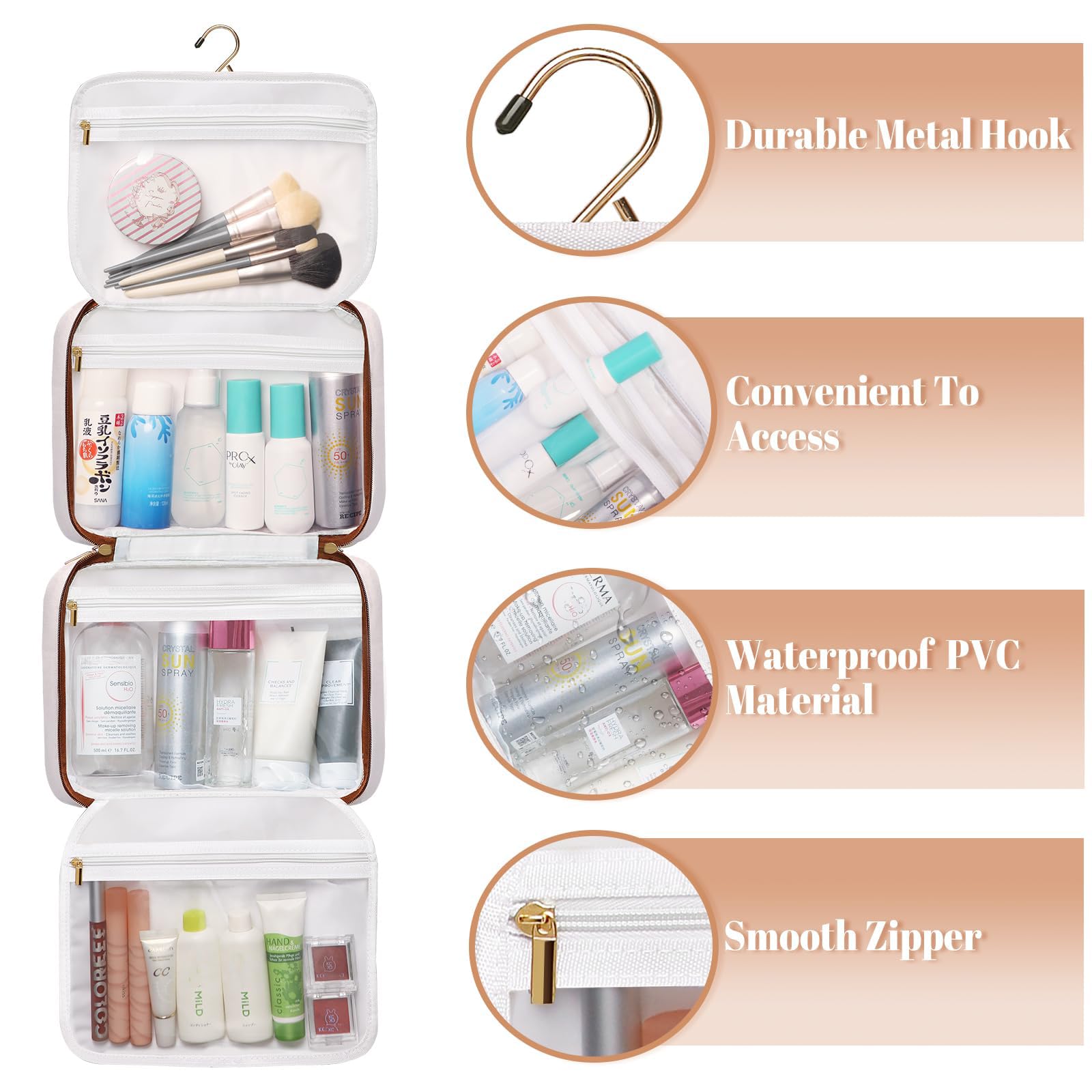 Bosidu Toiletry Bag for Women Hanging Travel Toiletry Bag with Hook,Water-resistant Makeup Cosmetic Bag Travel Organizer for Toiletries, Accessories P-Beige