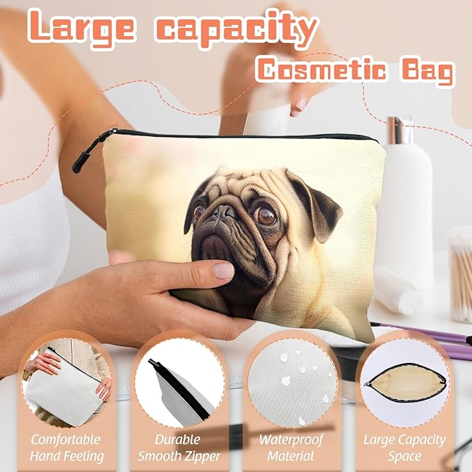 Scribesense Cosmetic Bags Travel Makeup Toilet Case Waterproof Pouch for Women Girls 6.7X9.45inches - Pug Dog With A Pensive Expression