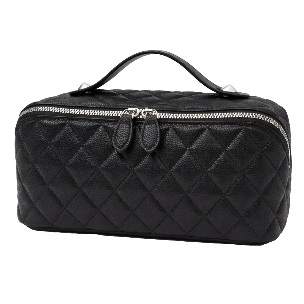 Cuteseason PU Leather Makeup Bag for Women, Structured Makeup Case with Wide Opening, Travel Cosmetic Bag with Compartments and Handle, Water-Resistant Makeup Organizer(Black Diamond Quilted)