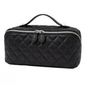 Cuteseason PU Leather Makeup Bag for Women, Structured Makeup Case with Wide Opening, Travel Cosmetic Bag with Compartments and Handle, Water-Resistant Makeup Organizer(Black Diamond Quilted)