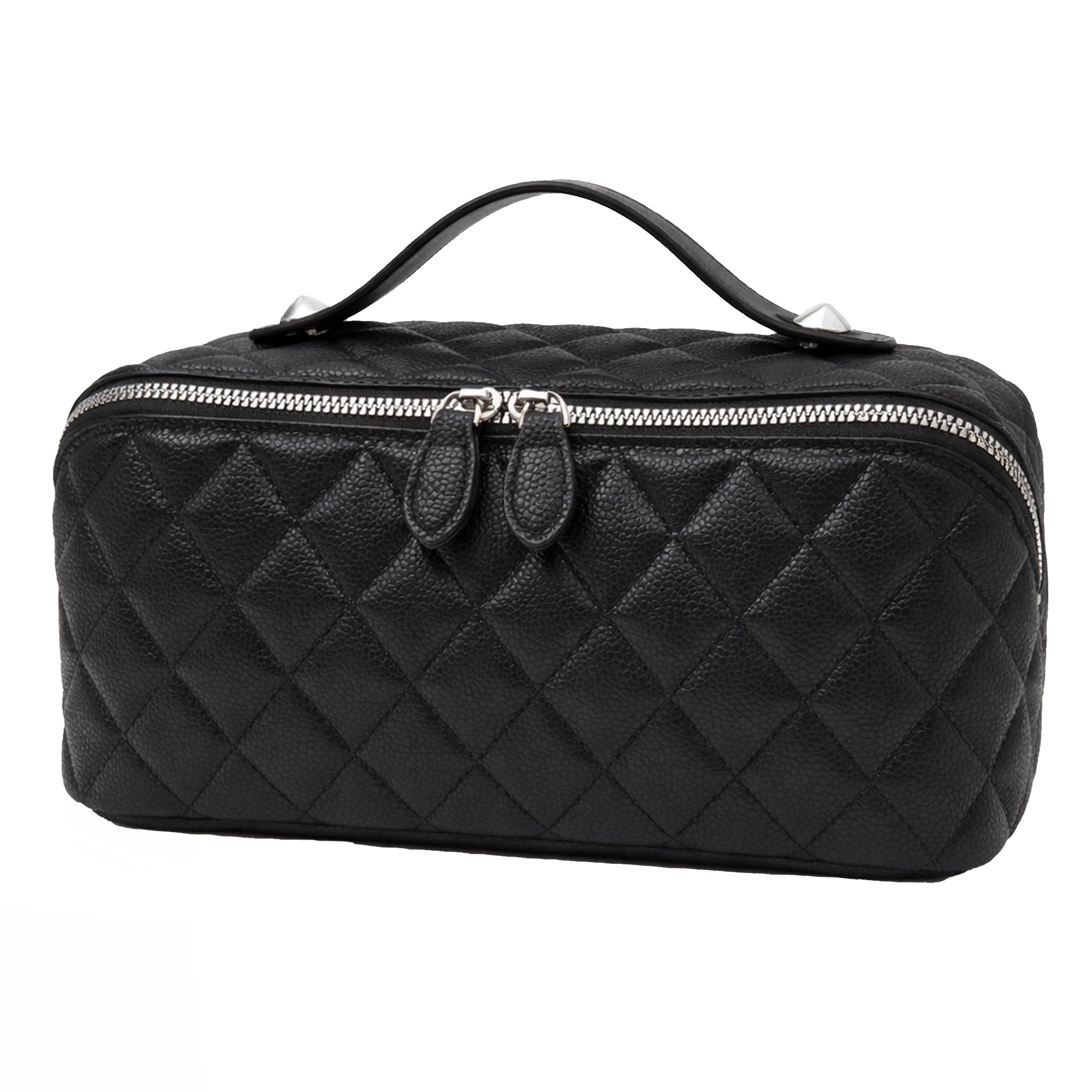 Cuteseason PU Leather Makeup Bag for Women, Structured Makeup Case with Wide Opening, Travel Cosmetic Bag with Compartments and Handle, Water-Resistant Makeup Organizer(Black Diamond Quilted)