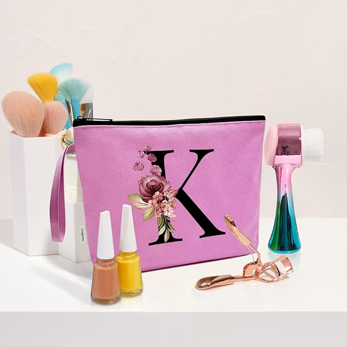 Vavabox A-Z Personalized Makeup Bag, Birthday Gifts for Women Mom, Gifts for Best Friend, Bride Bridesmaid Cosmetic bag (K, 07-Purple)