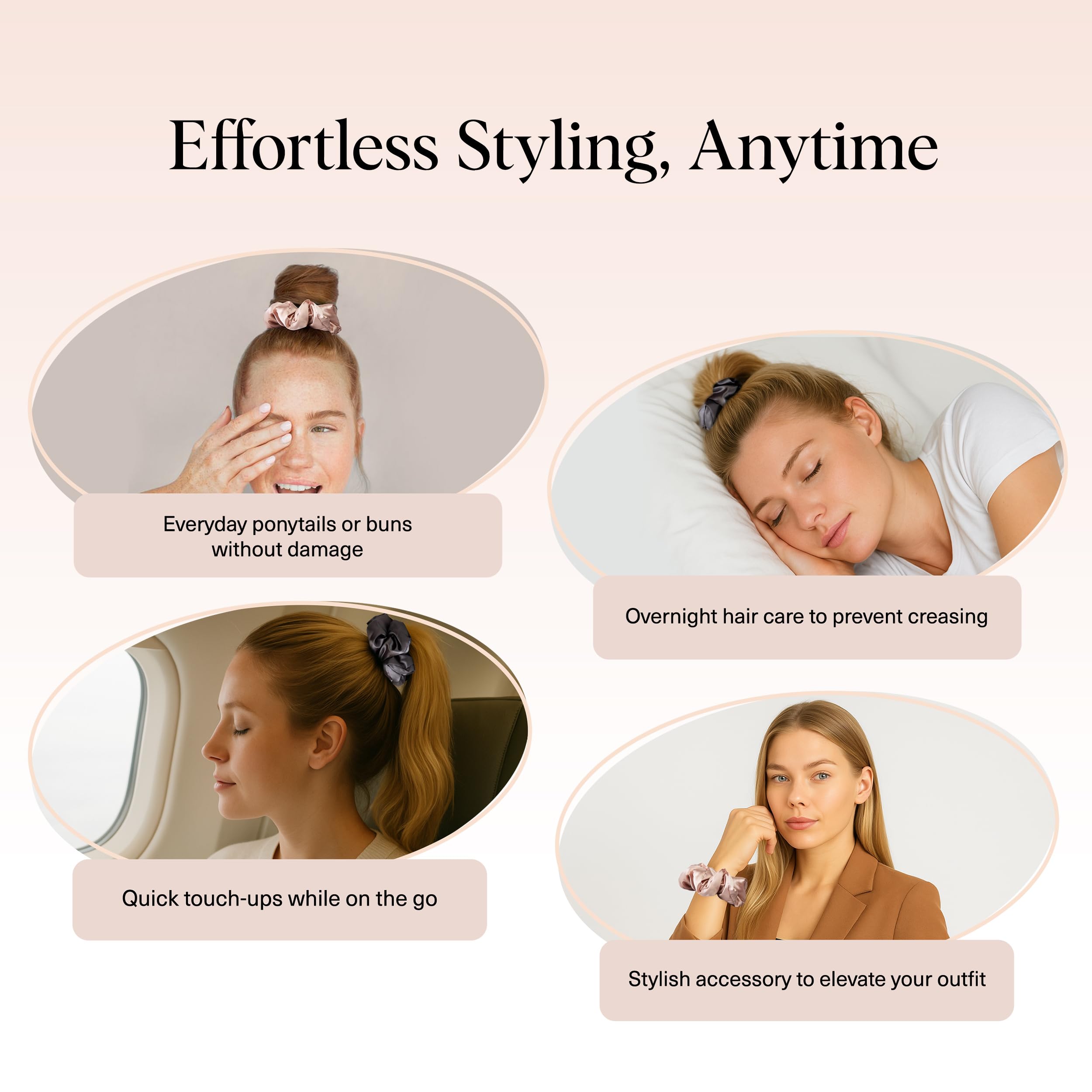 Kitsch Pillow Satin Scrunchies for Women -Blush/Charcoal, 2pcs