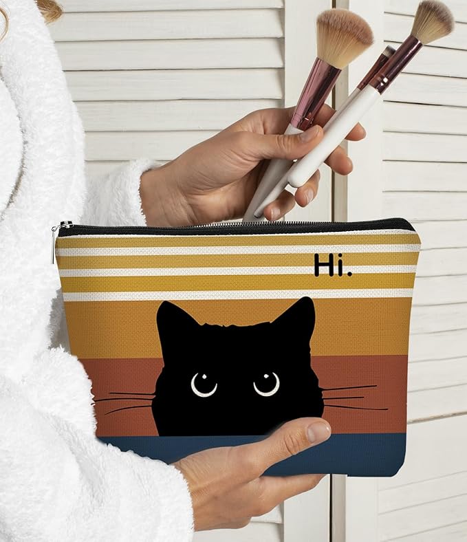 BARPERY Cute Cat Makeup Bag, Black Cat Kitty Cosmetic Pouch, Sunset Color