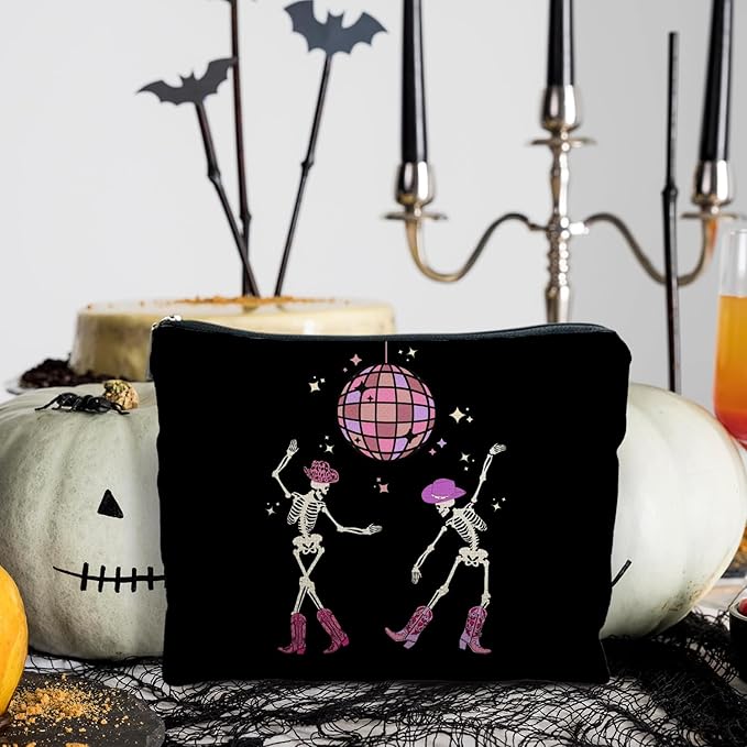 RYYCDOI Funny Disco Dancing Skeleton Makeup Bag, Goth Gothic Skull Cosmetic for Women, Halloween Gifts, Dark Academia Makeup Pouch, Horror Bag