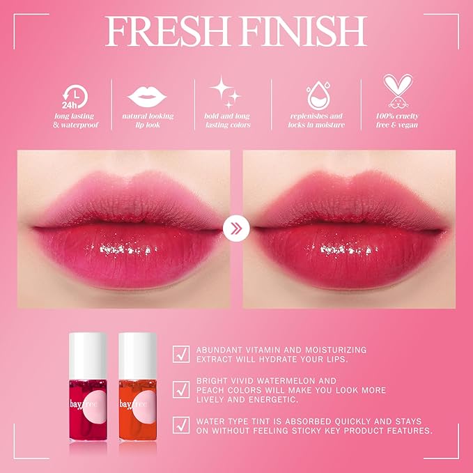 bayfree Lip Tint Stain Set, 2 PCS Korean Water Tint Lightweight Non-sticky, Waterproof Long Lasting Liquid Blush & Lip Stain, Transfer-Proof, Matte Finish Lip Color Makeup (juicy)