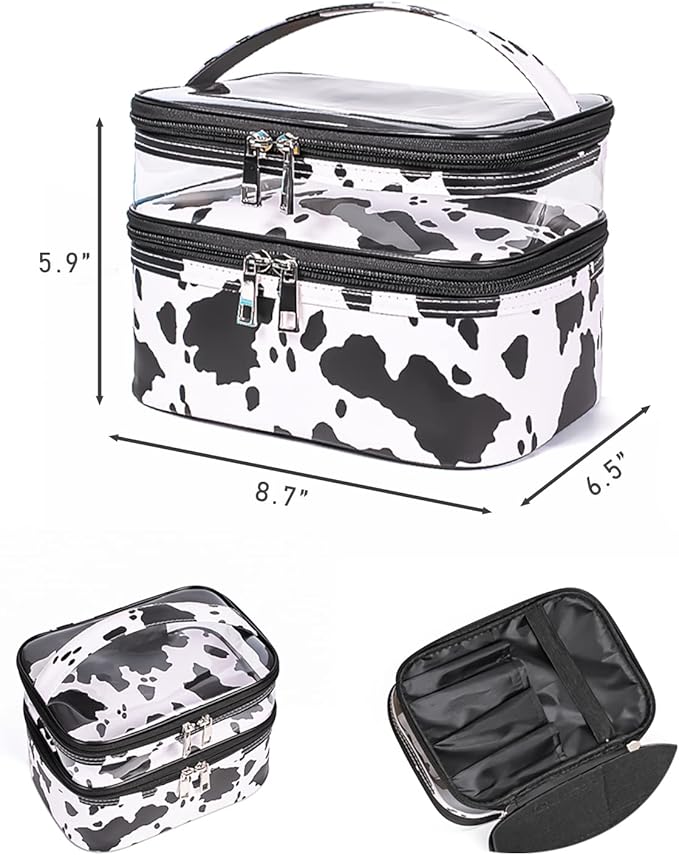 imerelez Double-layer Cosmetic Bag Makeup Bag Travel Makeup Bag Makeup Bags for Women Cosmetics Cases Portable Waterproof Foldable (Cow Print)
