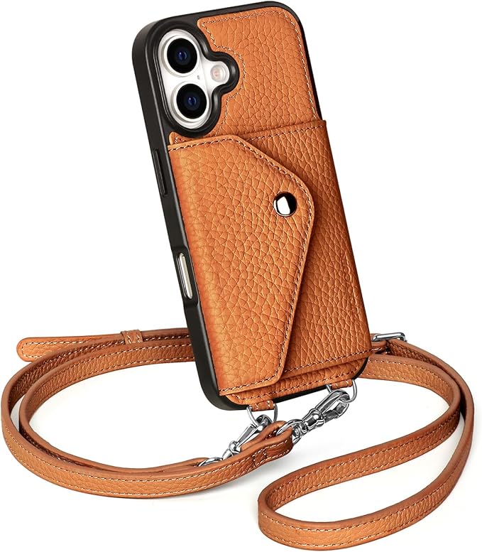 LUCKYCOIN Crossbody Phone Case for iPhone 17,100% Genuine Leather Phone Wallet Case for Women, Fashion Premium Hands-Free Phone Purse with Expandable Flip Card Holder & Adjustable Strap - Pebble Brown