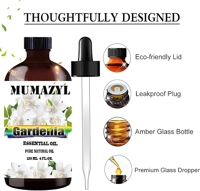 Gardenia Essential Oil, Gardenia Oil 4 Fl Oz 120ML for Diffuser Humidifier Yoga Cleaning DIY Candle Soap Making MUMAZYL Essential Oils