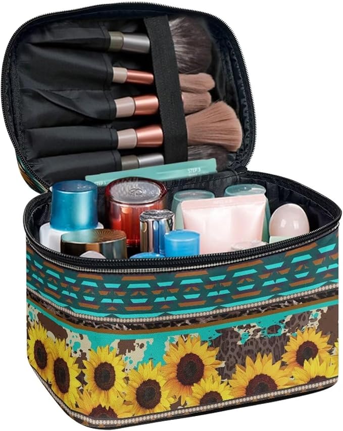 Drydeepin Western Aztec Sunflower Makeup Bag for Women Ladies Classic Cheetah Leopard Pattern Portable Cosmetic Bag with Zipper and Carry Handle Make Up Tote Bags Boho Tribal Toiletry Case Organizer