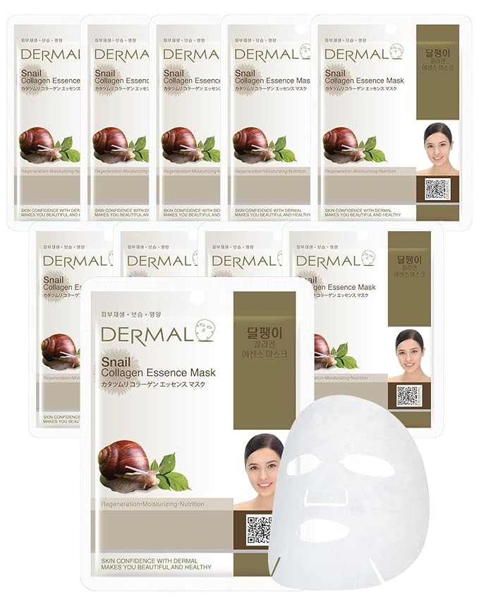 DERMAL Snail Mucin Collagen Korean Essence Sheet Mask, 23g, 10 Pack