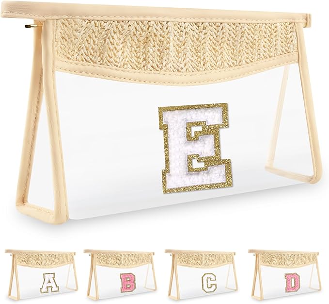 UIXIZQ Personalized Initial Letter Bag Boho Straw Clear Makeup Bag,Small Cute Chenille Varsity Letter Bag With Zipper,Beach Travel Toiletry Bag,Portable Monogrammed Cosmetic Bag for Women Girls,E