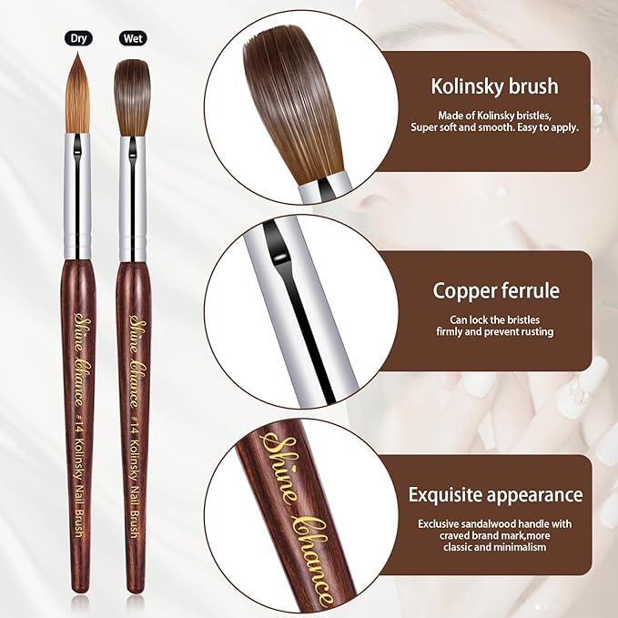 Shine Chance Acrylic Nail Art Brush Size 14, 100% Pure Kolinsky Hair Oval Nail Brush for Acrylic Application, Professional Nail Extension Manicure Tool Striping Nail Drawing Pen for DIY Home Salon