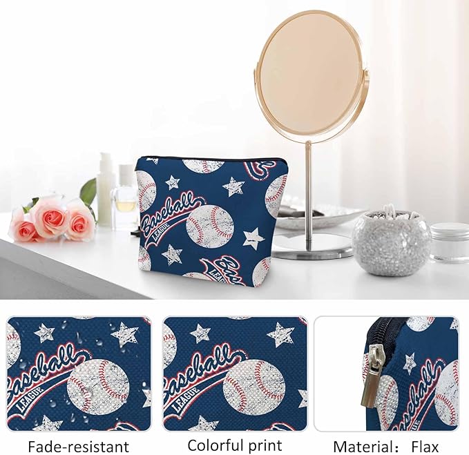 Kalygon Baseball Makeup Organizer Bag Cosmetic Bag For Men Women, Sports Ball Softball Baseball Blue Travel Toiletry Bag Flax Makeup Bags Purse Business Makeup Pouch For Toiletries Cosmetics