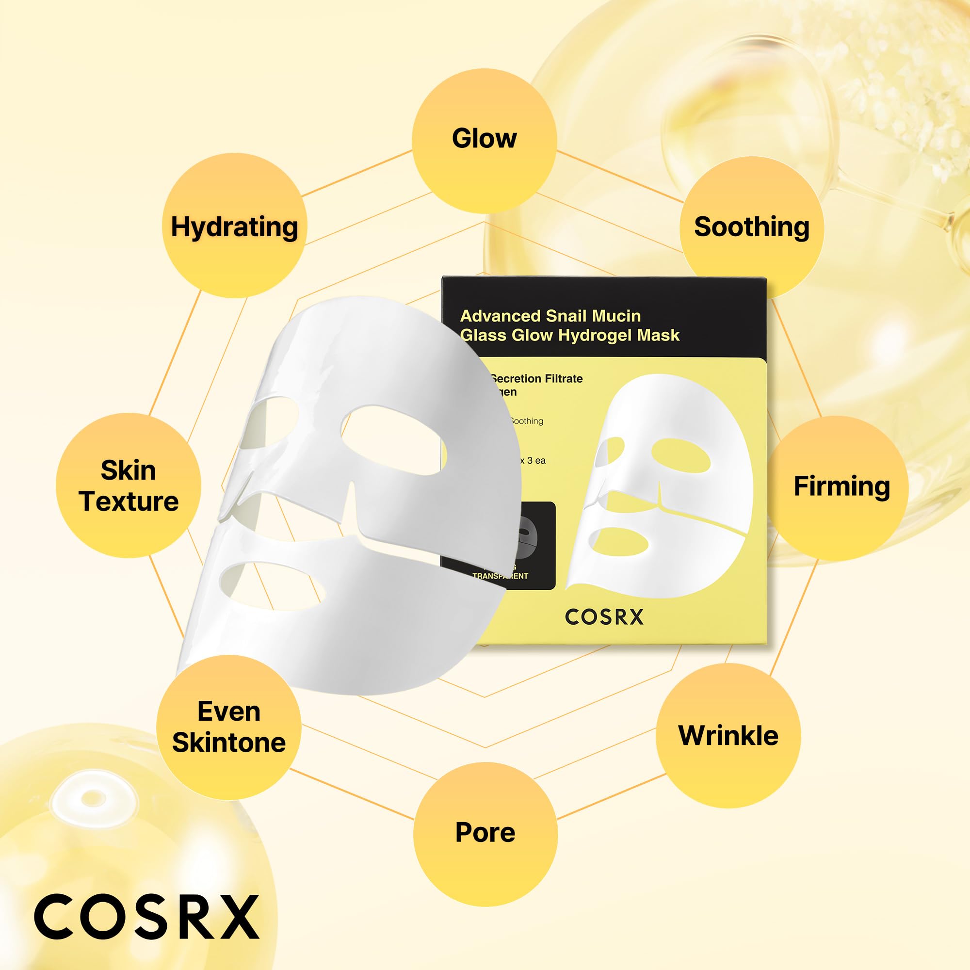 COSRX Advanced Snail Mucin Glass Glow Hydrogel Face Masks Skincare 3 EA