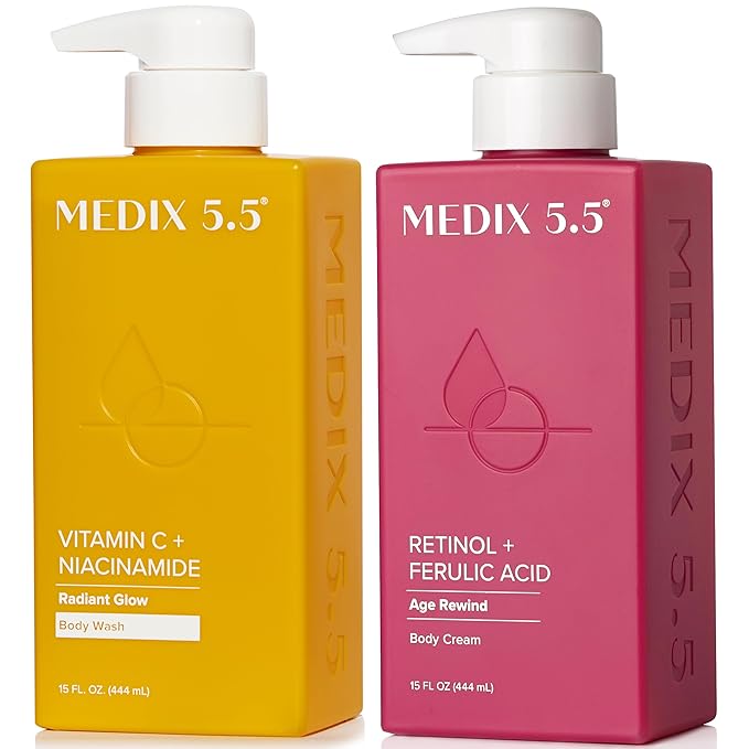 Medix 5.5 Vitamin C Body Wash + Retinol Body Lotion Crepey Skin Moisturizer 2-Piece Set, Anti Aging Body Cream + Gel Body Cleanser Skincare Set for Women, Men, & Firmer Looking Skin