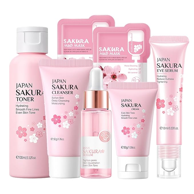 Sakura Skin Care Set, Skincare for Girls 10-12, Birthday Gifts for Teen Girls,Travel Size Set -7Pcs Cherry Blossom Hydrating Routine Kit for Women (One Size, Cherry Blossom-StyleA-Bae Moisturizing)