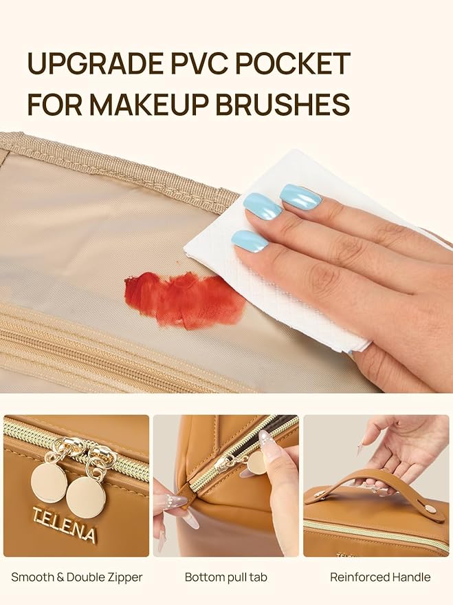 Telena Leather Make Up Bag Portable Travel Makeup Bag Waterproof Cosmetic Bags for Women Large Capacity With Handle and Divider Open Lay Flat
