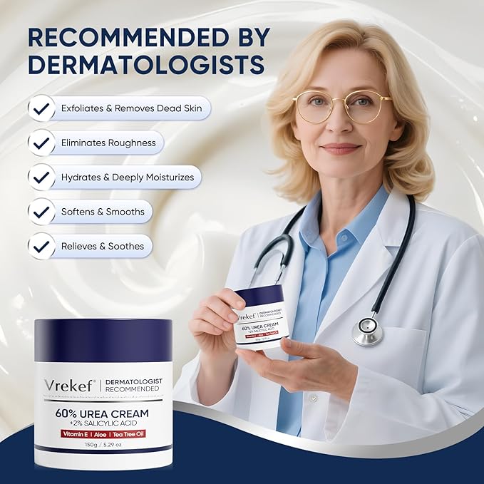 VREKEF Urea Cream 60% with 2% Salicylic Acid, Urea Cream 60 Percent for Feet Maximum Strength, Foot Cream & Callus Remover for Dry Cracked Heels, Rough Thick Skin, Deep Hydration, 5.29 oz