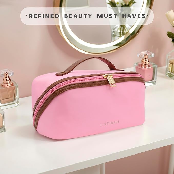 JINYIBAGS Travel Makeup Bag – Large Cosmetic Organizer with Waterproof Nylon, Smooth Double Zipper & Tear-Resistant Lining, Toiletry Pouch for Women (Pink)