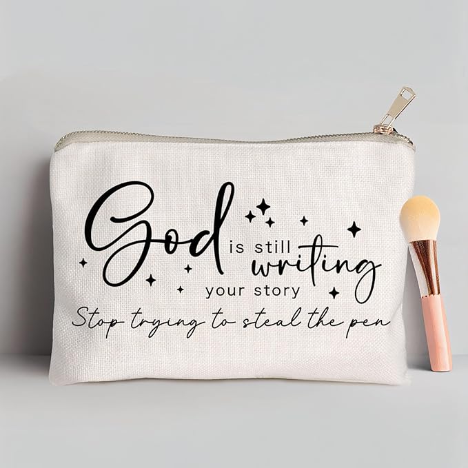 HubbgDesign God is Still Writing Your Story Travel Bag Funny Christian Women of the Bible Makeup Bag Bible Quote Christian Quotes Scripture Makeup Pouch Linen Cotton Bag